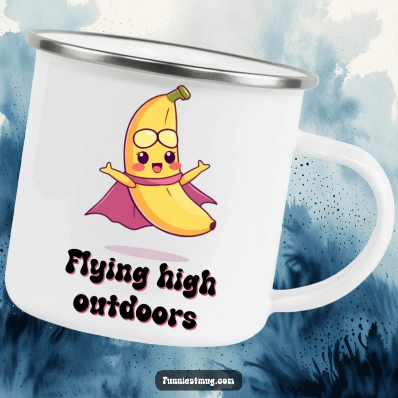 Funny camping mug featuring a mischievous banana with a cape hilariously attempting to fly, ideal for outdoor heroic moments.