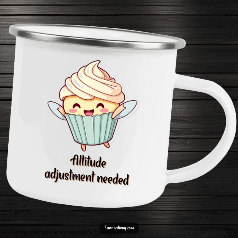 Funny Flying Cupcake Camping Mug: A cheerful cupcake character with oversized frosting attempting to fly, ideal for camp drinks.