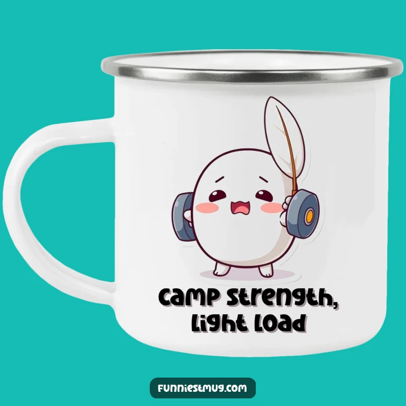 Funny Kawaii Dumbbell Feather Lift Enamel Mug: Enjoy Gym Humor on Adventures
