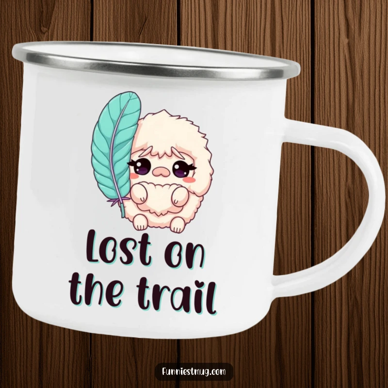 Funny Slipper Camping Mug featuring a bewildered fluffy slipper character, designed for outdoor use and humorous enjoyment.