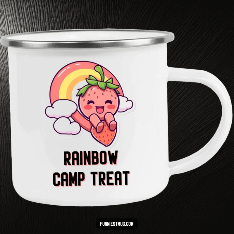 Funny camping mug with a joyful strawberry character sliding down a vibrant rainbow, ideal for adventurous sips and outdoor fun.