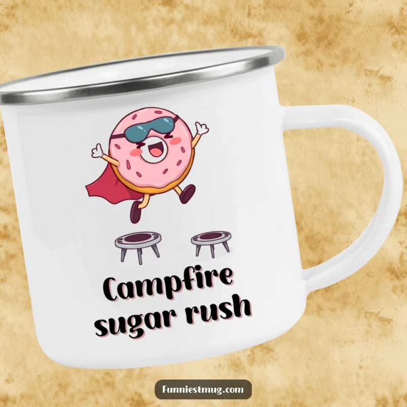 Funny camping mug featuring a giggling donut superhero in a cape leaping over miniature trampolines, ready for the outdoors.