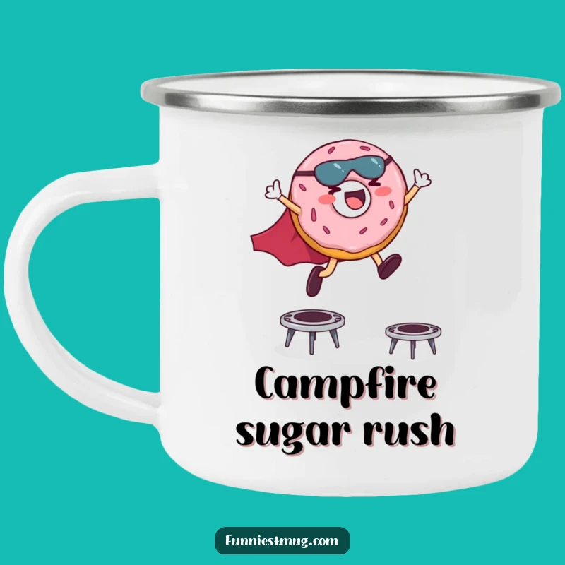 Funny Superhero Donut Camping Mug: Giggling Hero Leaping Outdoor Fun
