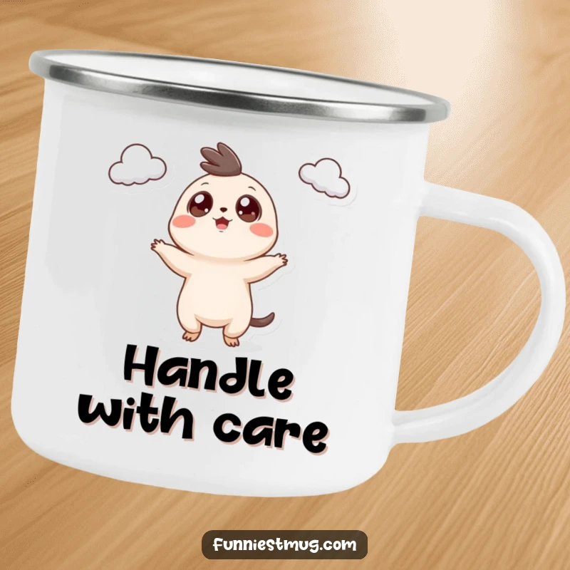 Funny Googly Eyed Creature Camping Mug, depicting the creature's teacup juggling in a rugged, outdoor setting, perfect for adventurers.