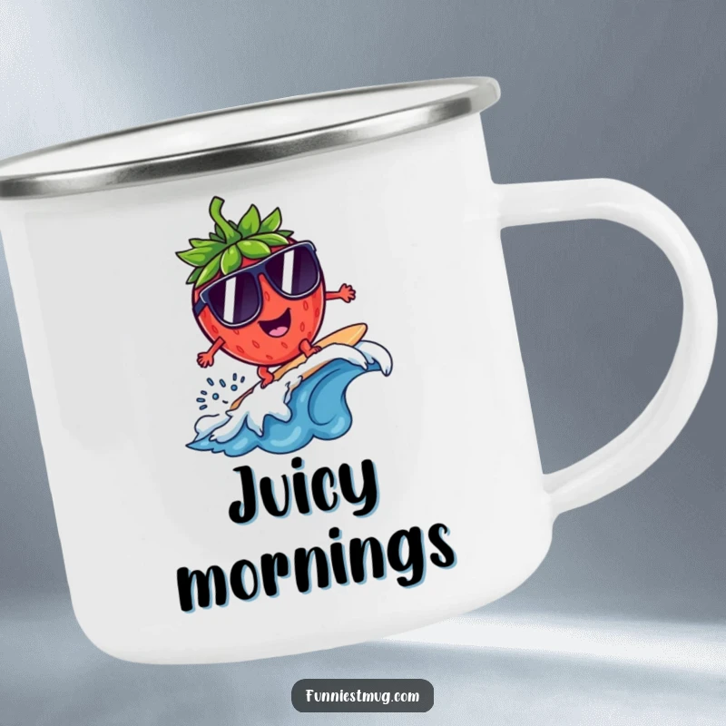 Funny Surfing Strawberry Sunglasses Camping Mug: A strawberry surfs wearing large sunglasses, perfect for funny outdoor moments.