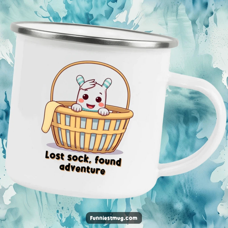 Funny camping mug featuring a cheeky sock puppet peeking from an empty laundry basket, ready for outdoor fun.