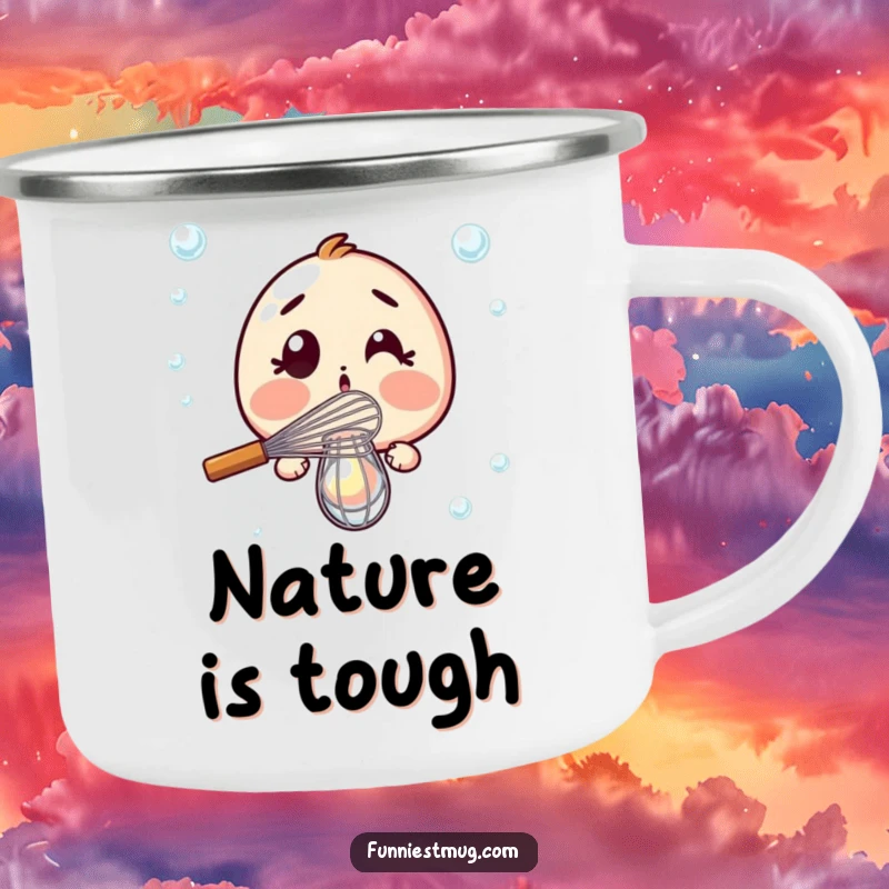 Funny Camping Mug: Surprised whisk dramatically failing to whisk a single bubble, bringing kitchen humor outdoors.