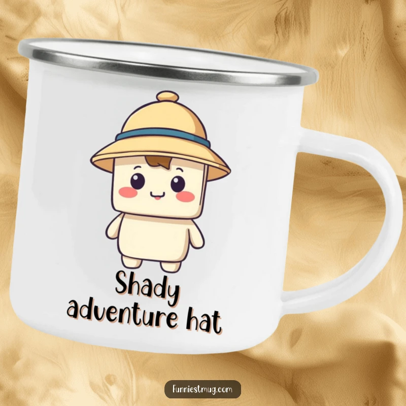 Funny camping mug with a happy blocky character hiding under a comically large hat for outdoor enjoyment.