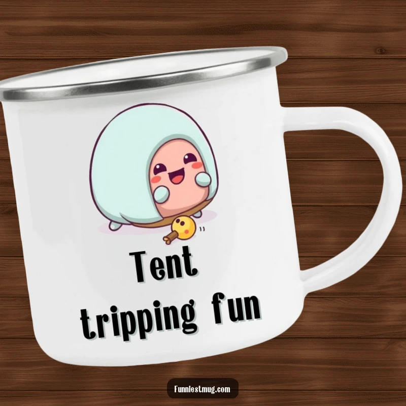 Funny Kawaii house slipper character hilariously tripping over a toy, a durable and humorous enamel mug for outdoor enthusiasts.