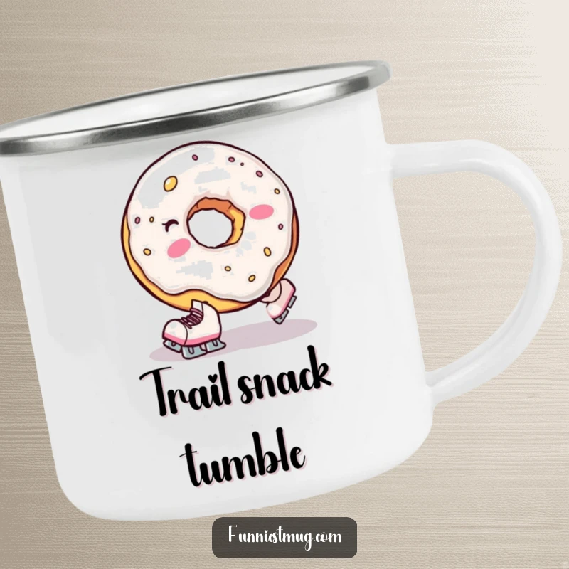Funny camping mug featuring a clumsy donut hole on tiny skates hilariously falling, ideal for outdoor sweet enjoyment and humor.