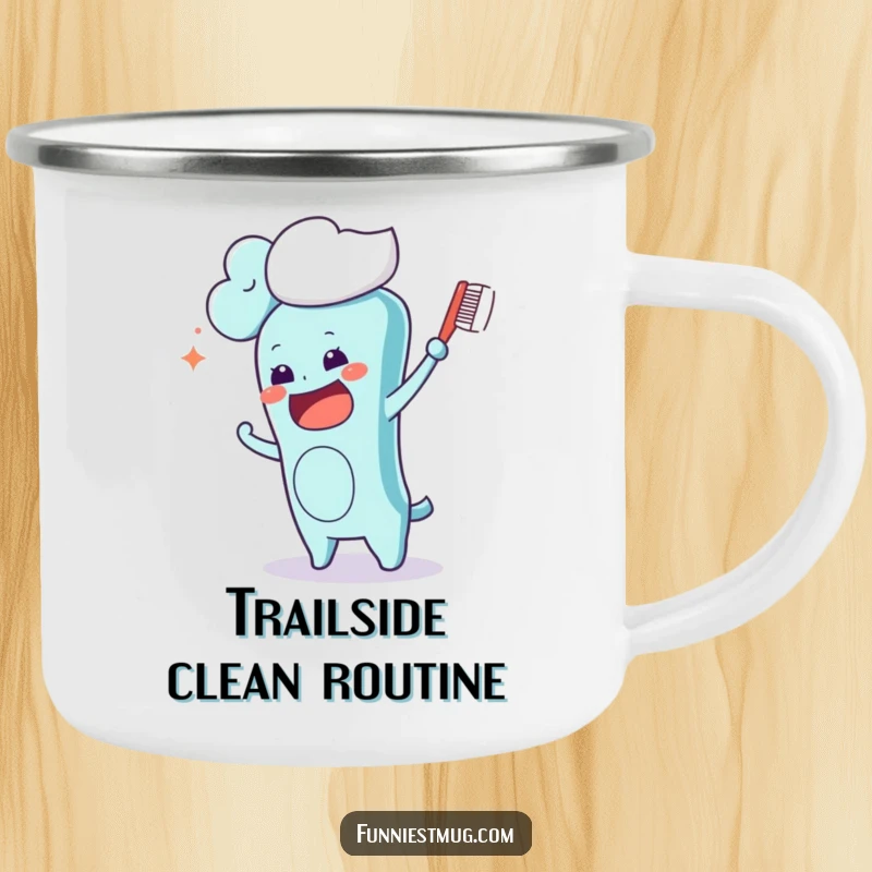 Funny Kawaii toothbrush character on a camping mug, comically attempting to brush a fluffy cloud, a humorous and durable outdoor mug.