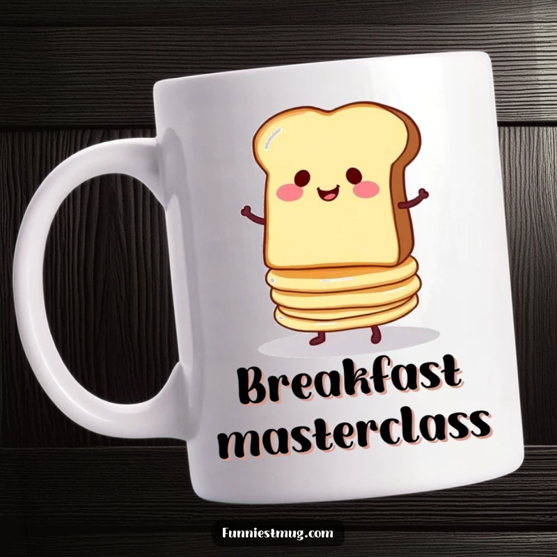 Funny mug showing a smug slice of toast balancing a wobbly stack of pancakes about to fall, breakfast humor.