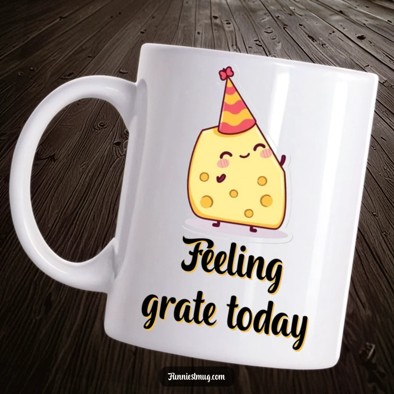 Funny Mug: Jolly cheese wedge attempting to balance a tiny party hat, radiating cheesy celebration.