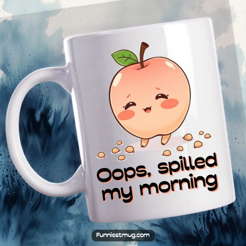Funny blushing apple character, tripping and scattering seeds, shy expression, cute and humorous, perfect gift.