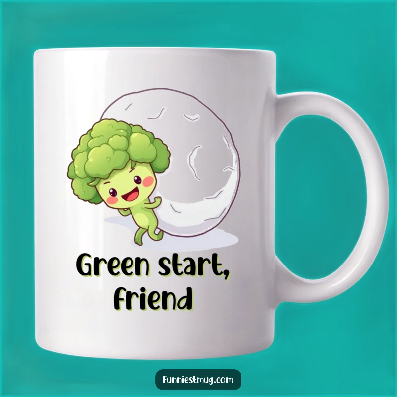 Funny Broccoli Snowball Mug: Optimistic Veggie Pushing Hill Gift