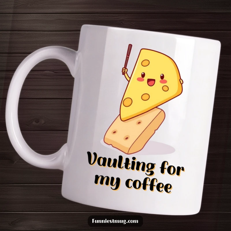 Funny cheese wedge character determinedly pole vaulting over a large cracker, showcasing a valiant and comical athletic endeavor with dairy humor.