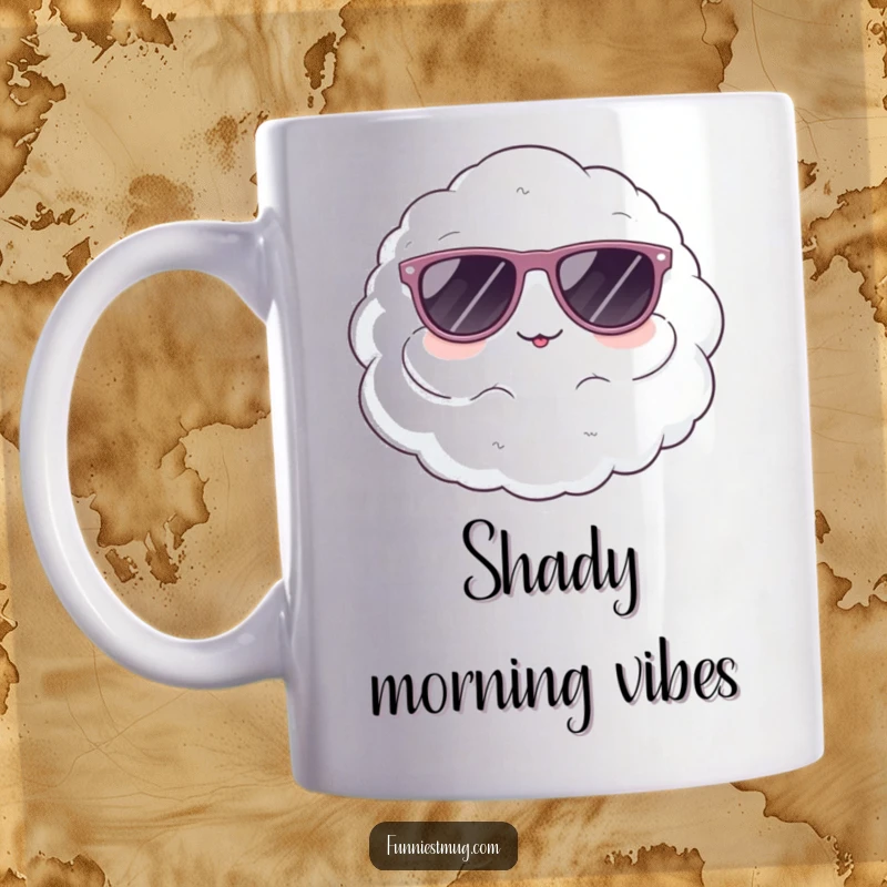 Funny mug with a cute, fluffy cloud character hilariously attempting to wear oversized sunglasses, looking cool and comical.