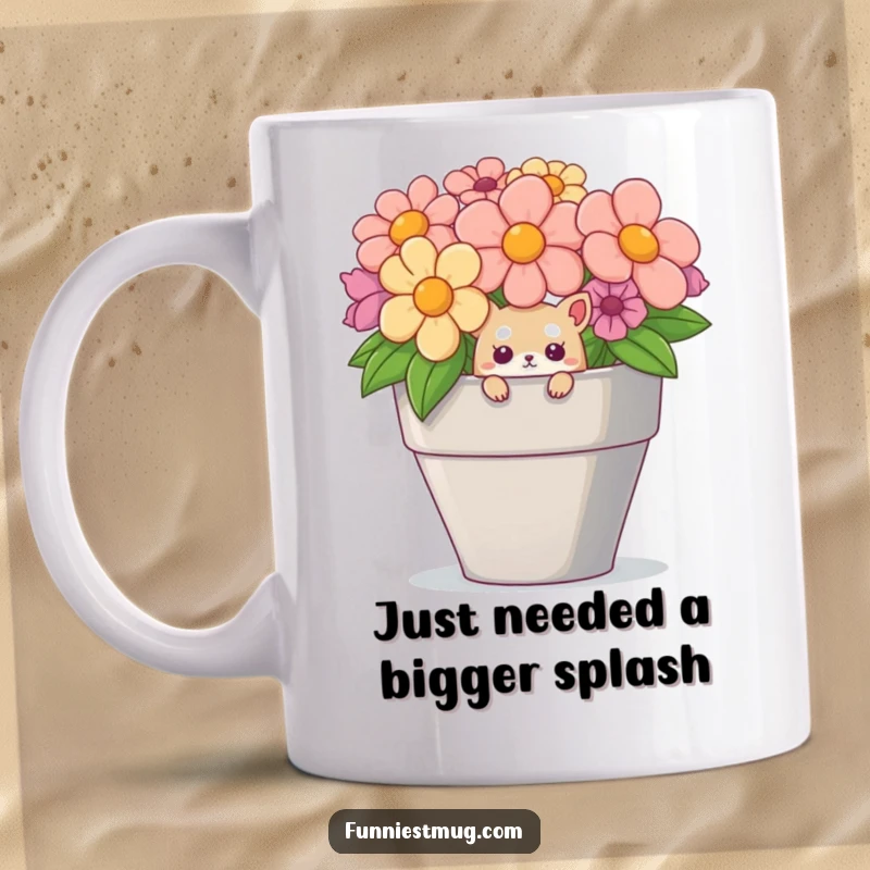 Funny creature peeking adorably from a giant teacup, a whimsical and humorous design for mug lovers.