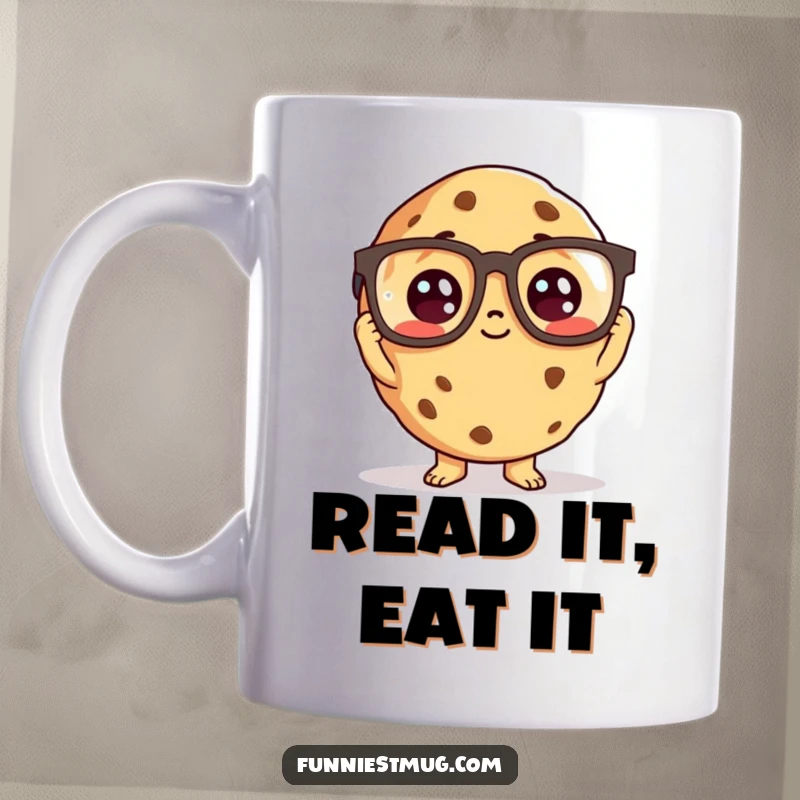 Funny cookie character wearing oversized reading glasses, looking curious, on a mug.