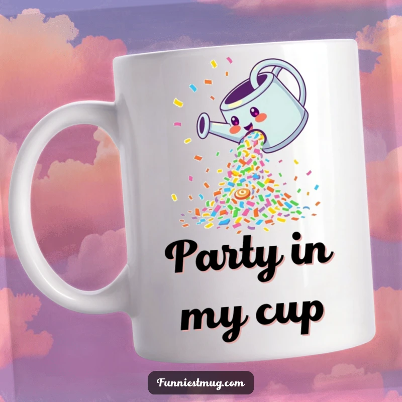 Funny Mug: Giggling watering can pouring a cascade of colorful confetti, spreading joy and celebration.