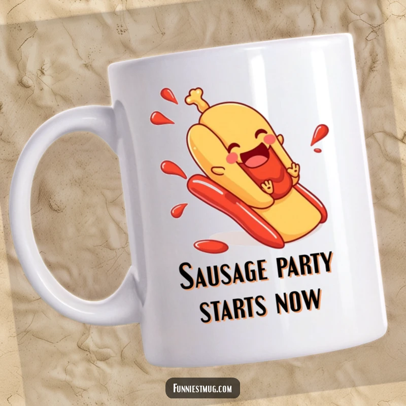Funny hot dog in a bun comically sliding down a ketchup slide, expressing pure joy and delicious fun for a humorous kitchen gift.
