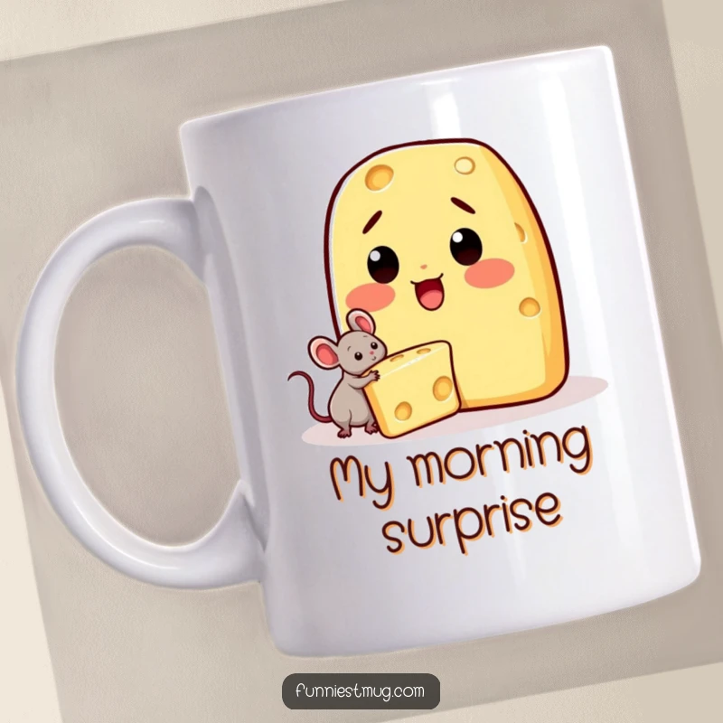 Funny Kawaii cheese character wide-eyed and surprised as a tiny mouse steals a wedge of its body.