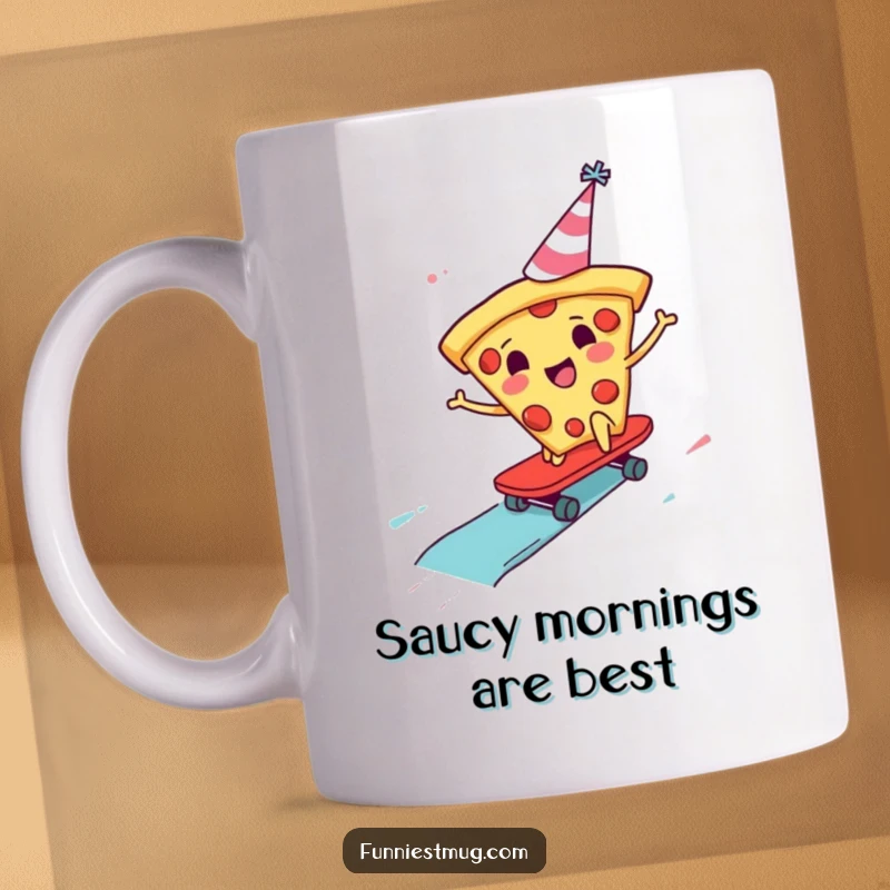 Funny Pizza Skater Mug featuring a cheerful pizza slice in a party hat attempting to skateboard down a sauce slide, full of energy.