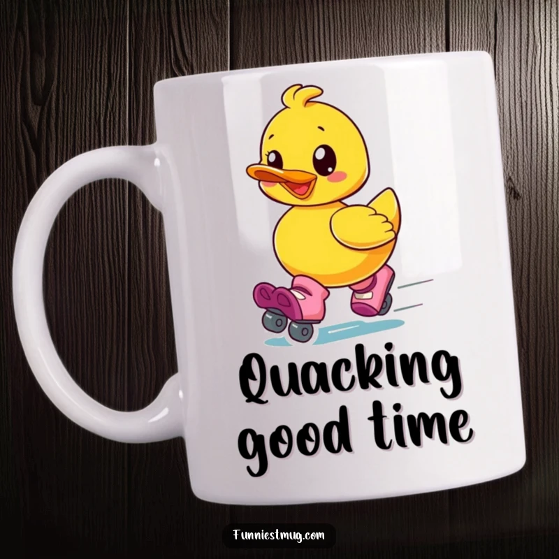 Funny mug showing a gleeful rubber ducky wearing oversized roller skates and speeding away with pure joy.