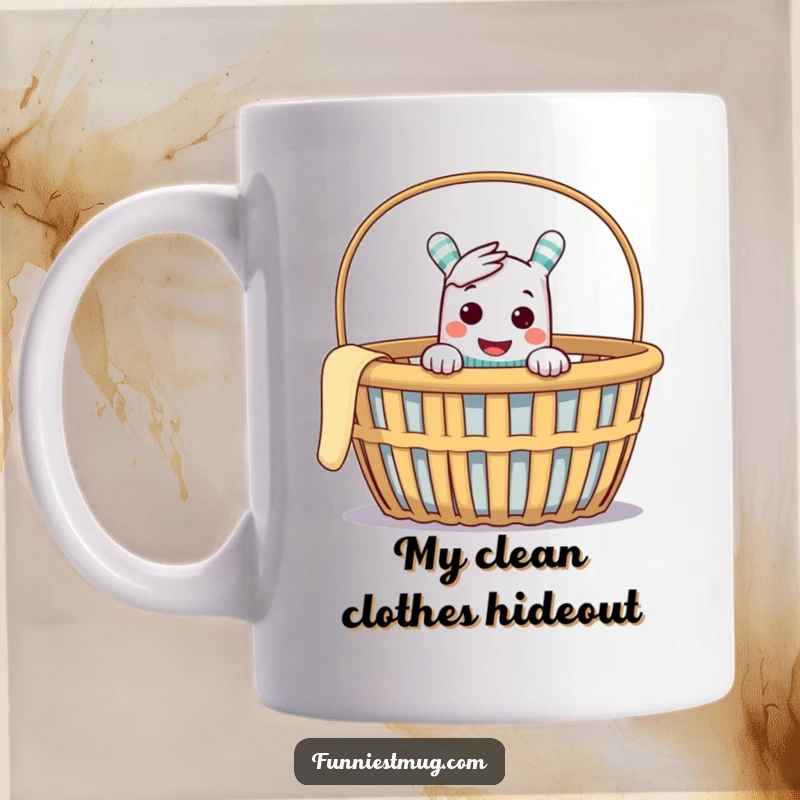 Funny mug featuring a cheeky sock puppet peeking out of an empty laundry basket with a mischievous grin, perfect for humor lovers.