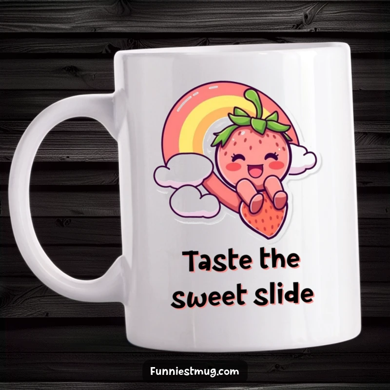 Funny mug featuring a joyful strawberry character gleefully sliding down a colorful rainbow, expressing pure, unadulterated, whimsical fun.