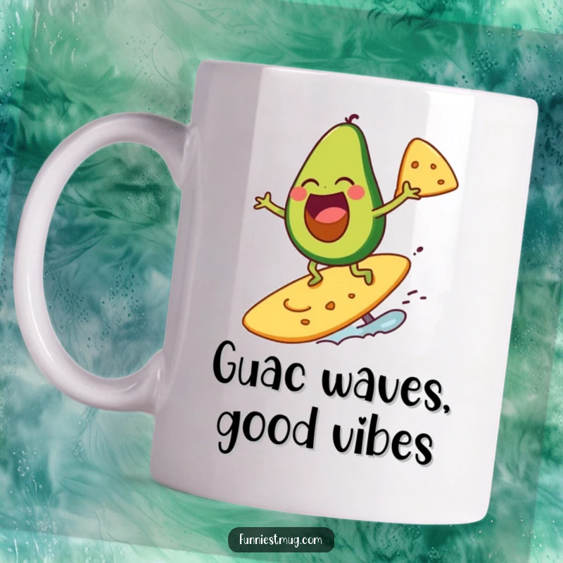 Funny avocado character laughing while surfing on a giant tortilla chip, on a mug.