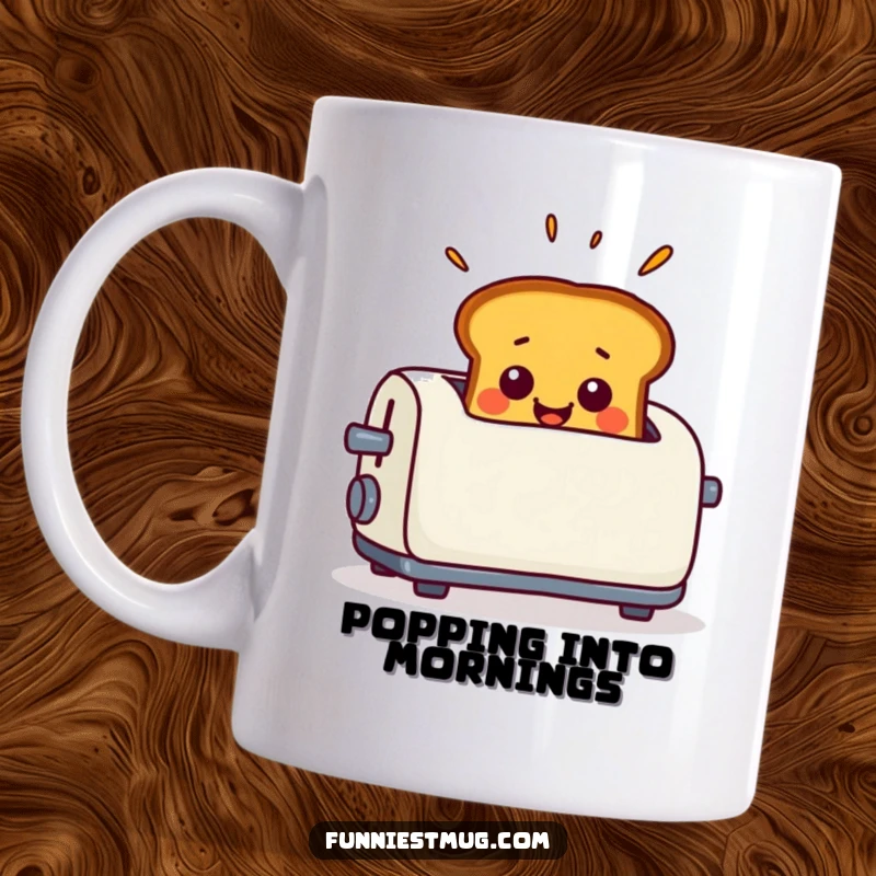 Funny Mug featuring smiling toast popping out of a toaster with an expression of exaggerated surprise.
