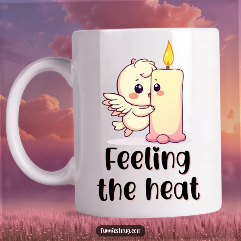 Funny mug shows a playful, winged character gently bumping into a giant birthday candle, looking surprised and wide-eyed.