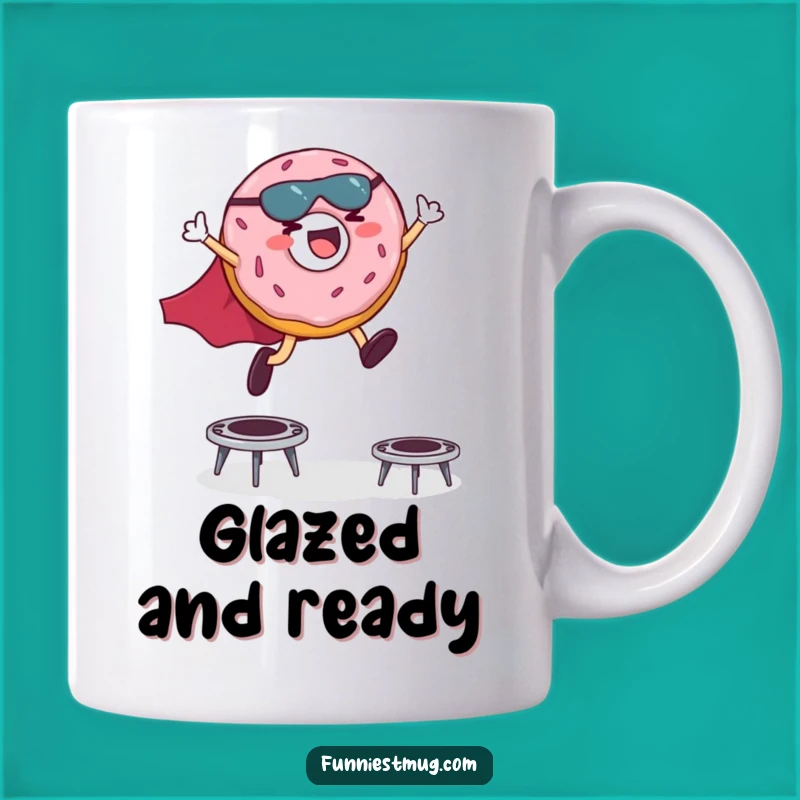 Funny Superhero Donut Mug: Giggling Hero Leaping Over Trampolines Perfect Gift