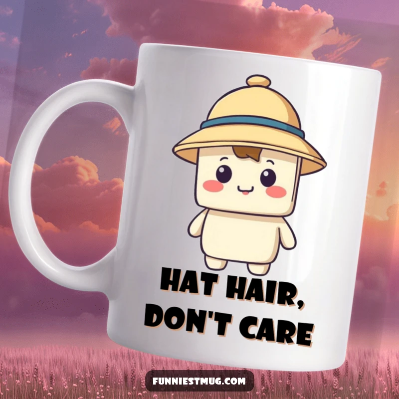 Funny mug shows a happy, blocky character attempting to wear a comically large hat that completely covers its face, creating a humorous situation.