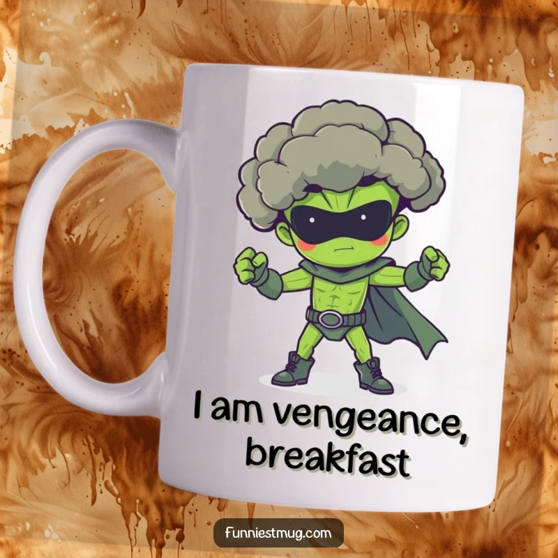 Funny superhero broccoli mug, flexing muscles heroically, ready to save the day with a powerful, proud stance.