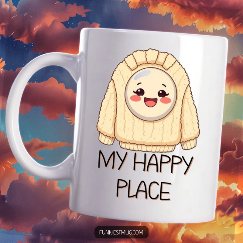 Funny Mug: Exaggeratedly happy button stuck on a giant, fuzzy sweater, radiating pure, cozy joy and humor.