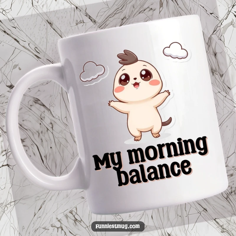 Funny Googly Eyed Creature Mug, excitedly juggling three teacups with a look of intense concentration, perfect for coffee lovers.