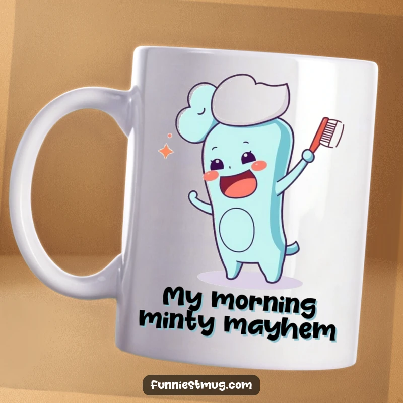 Funny Kawaii toothbrush character on a mug, frantically scrubbing a fluffy white cloud floating by, showcasing morning routine chaos in a humorous way.