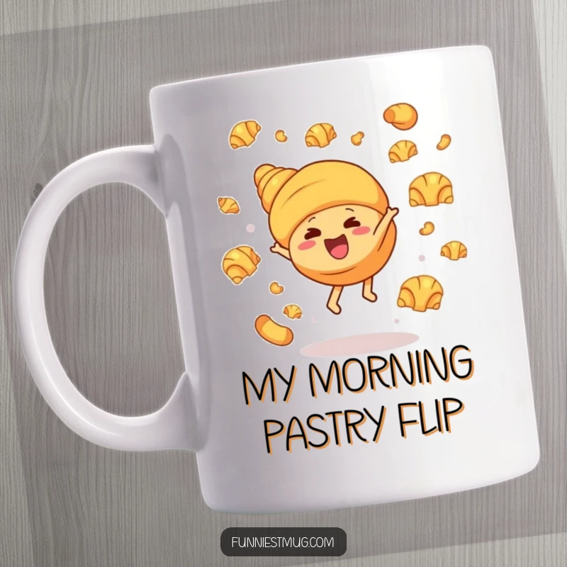 Funny croissant mug featuring a giggling pastry character performing a cartwheel with smaller butter croissants flying around in a comical scene.