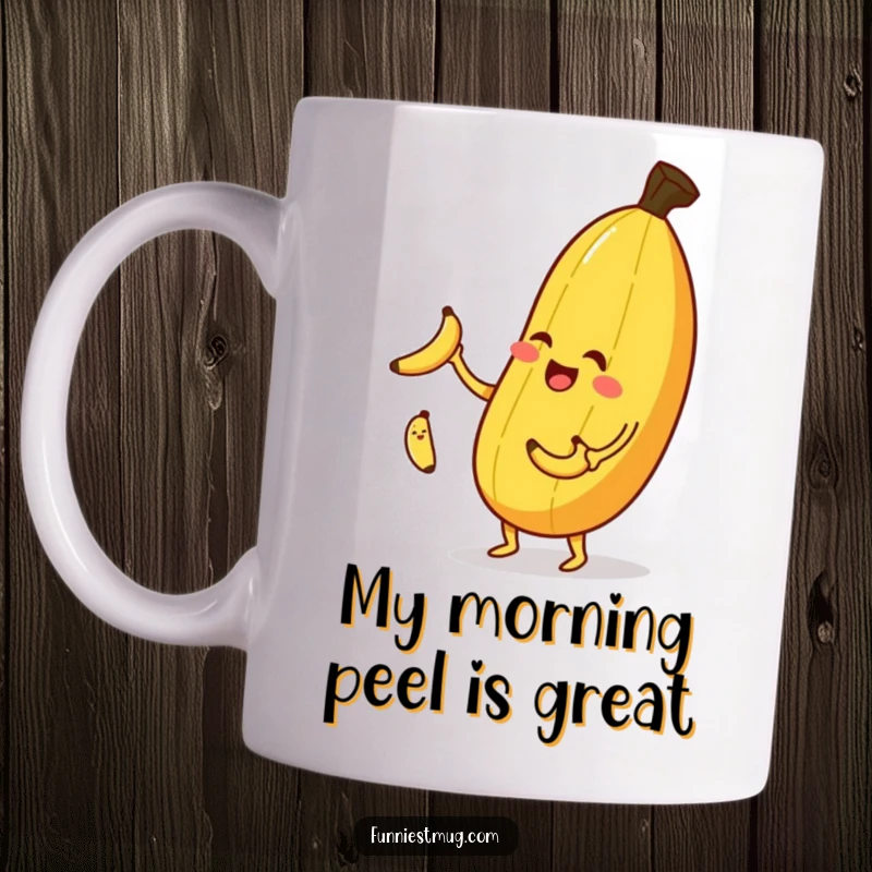 Funny banana character mug, juggling three small bananas, winking playfully with a cheerful expression.