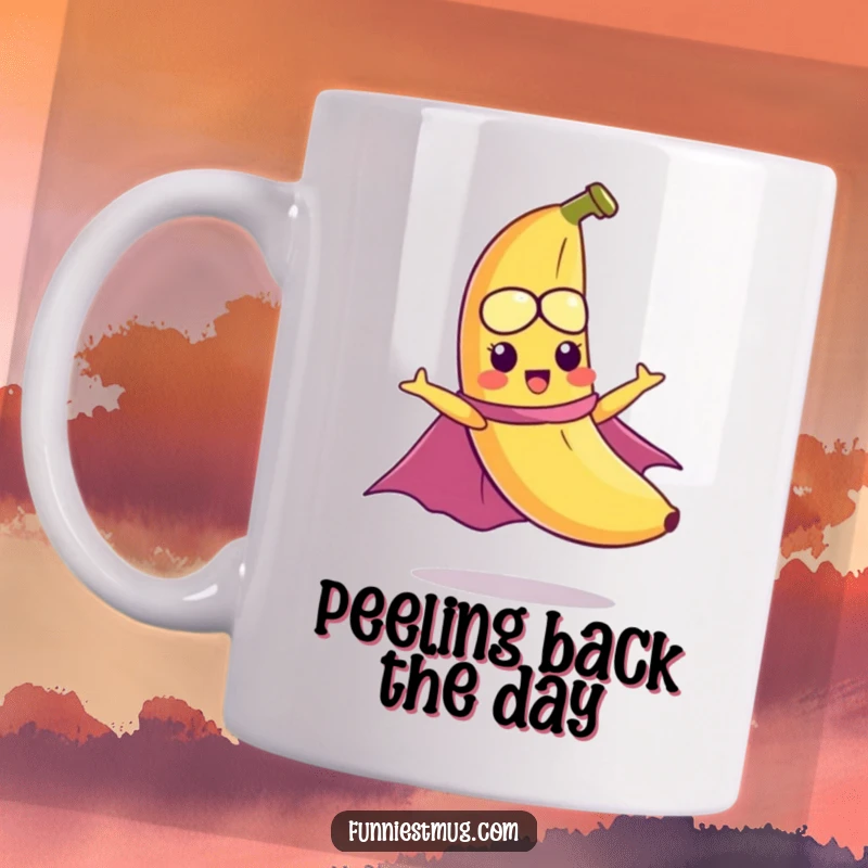 Funny mug depicting a mischievous banana character wearing a cape, hilariously trying to fly, embodying fruity ambition.
