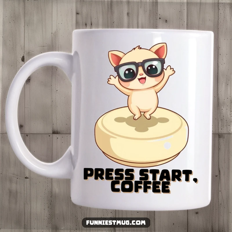 Funny Little Creature Mug with oversized glasses, joyfully dancing on a giant button, capturing a moment of pure, uninhibited fun.