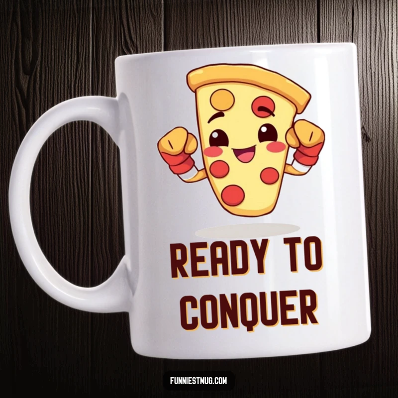 Funny mug featuring a happy slice of pizza wearing tiny boxing gloves and flexing its cheesy muscles.