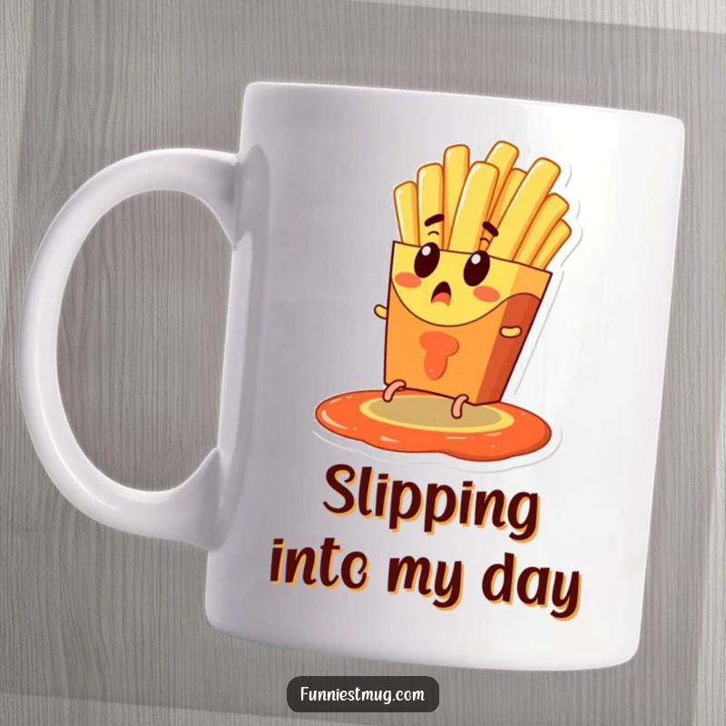 Funny french fry character with comically tiny legs looking surprised while trying to escape a large pool of ketchup, depicting a relatable and humorous food panic.