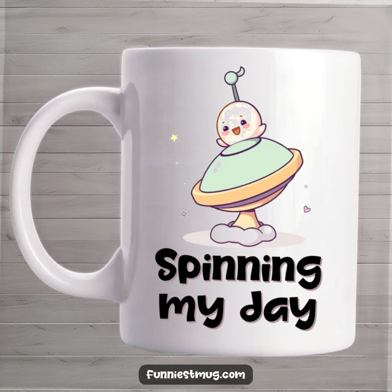 Funny Small Blob Mug attempting to ride a large, fast-spinning top, depicting a humorous struggle for balance and control.