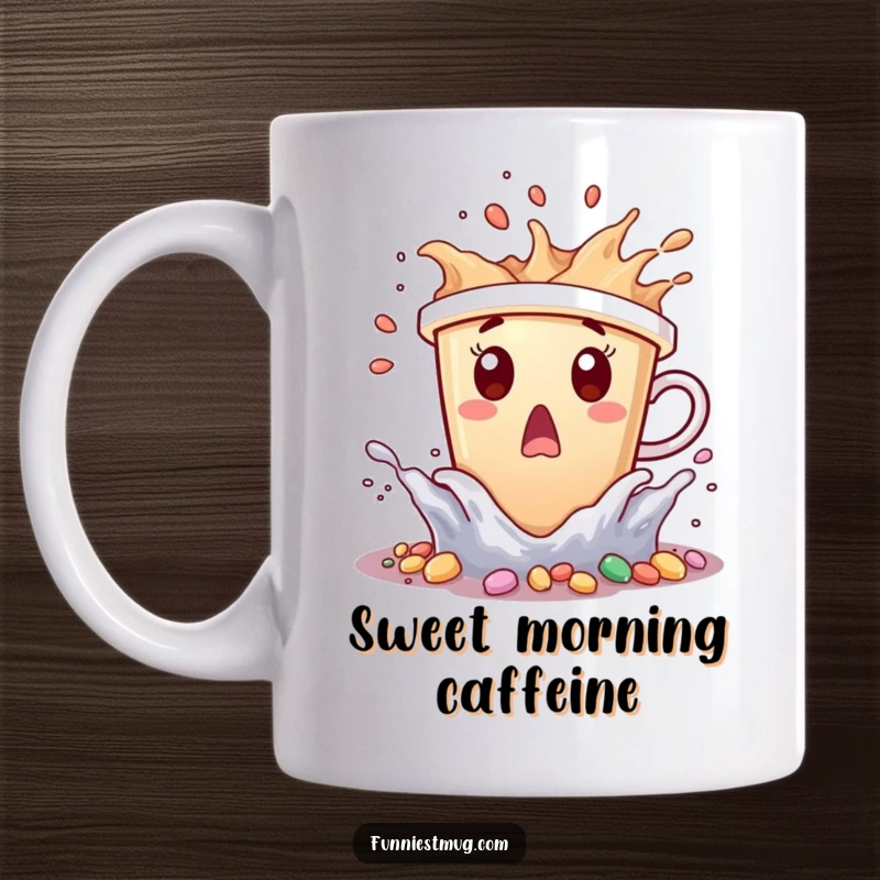 Funny coffee cup character surprised by tiny candy waves splashing it, on a mug.
