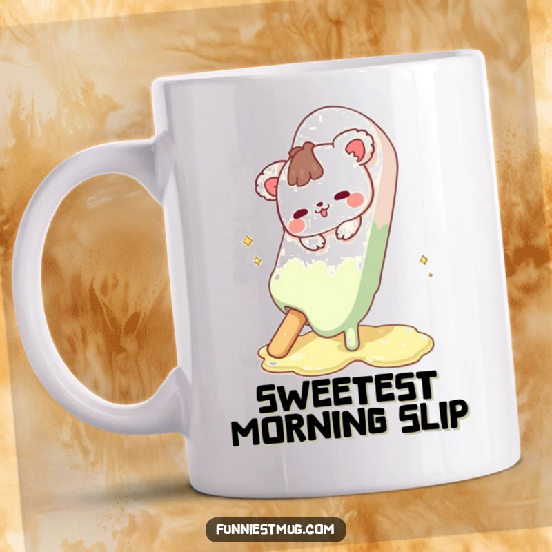 Funny Cute Animal Mug slipping comically on a giant melting chocolate bar, capturing a moment of sweet, sticky disaster.