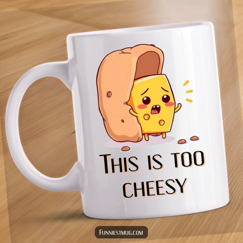 Funny cheese slice character flustered, trying to escape a giant cracker, humorous food art for coffee mug.