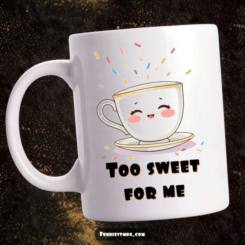 Funny mug showing a shy teacup with rosy cheeks trying to escape a flood of colorful sprinkles, symbolizing sweet overwhelm.